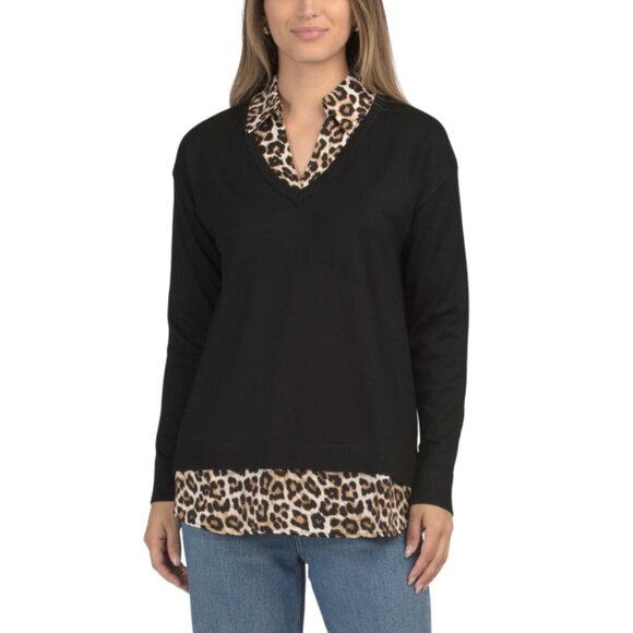 ADRIANNA PAPELL Cheetah V-neck Twofer Sweater - Picture 1 of 2